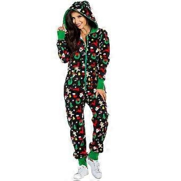 Julpyjamas för kvinnor, Onesie med huva, Jumpsuit, Nattkläder, Långärmad, Tryckt (M Grön)