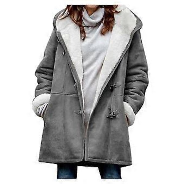 Dame Vinter Langærmet Tyk Plus Fløjl Hætte Casual Bomuld Varm Jakke Fleece Varm Frakke Hættetrøje Overtøj 1 stk (2XL Grå)