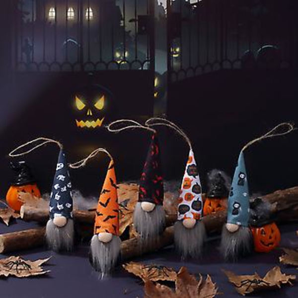 Nye Halloween-pynt i forskjellige varianter - små ornamenter med flaggermus, edderkopp, gresskar og nisse (dype farger (5 stk))