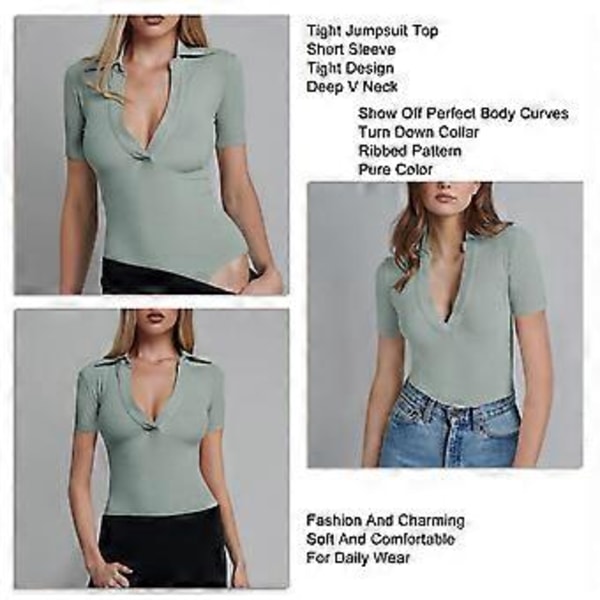 Åtsittande Jumpsuit Topp Slank Djup V-ringad Kortärmad Enfärgad Nedåtvänd Krage Ribbad En-delad Topp (XL Grön)