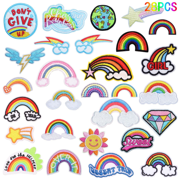 Sett med 28 Rainbow Fabric Brodery Stickers Vesker Sko og hatter