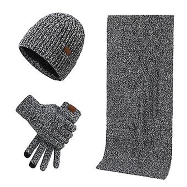 Fleecefôret Beanie-lue med berøringsskjermhansker, rutete skjerf og hansker for menn (grå)
