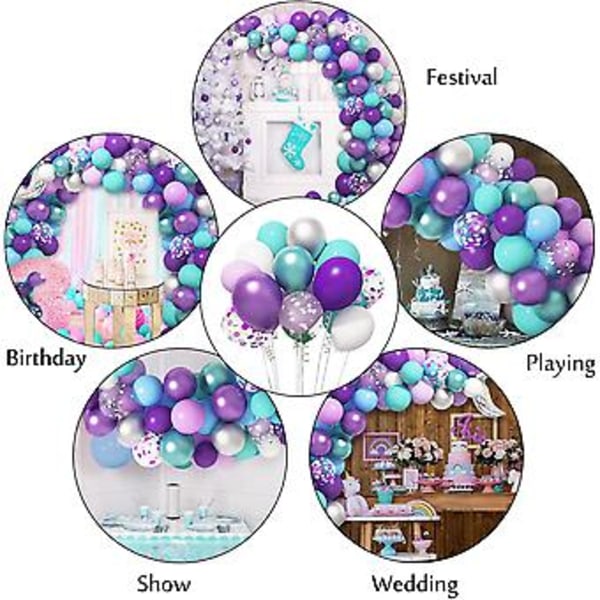 Havfru-Ballongbåge Dekorationsset för Fest, 131 st Lila Metalliska Konfetti Gröna Blå Latexballonger för Havfru-Svansfödelsedagsfesttillbehör