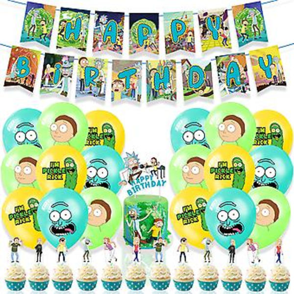 Rick ja Morty -piirrettyteemainen syntymäpäiväkoristepaketti, jossa on Onnea syntymäpäiväksi -lippu, ilmapalloja, kakku/kupkakakku-koristeita ja hauskoja juhlatarvikkeita ( )