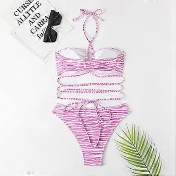 Sexig halterneck-bikini med korsade band fram och hög skärning, stringtrosa, 2-delat set för dam (M Rosa)