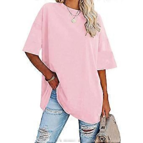 Naisten Löysä Lyhythihainen Toppi Puhdasväri Pudotus Olkapää Pyöreä Kaula Lyhythihainen T-paita Päivittäiseen Käyttöön (2XL Pinkki)
