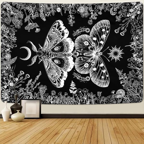 Estetisk fjärilstapet Växter Blommor Tapestries Boho Moth