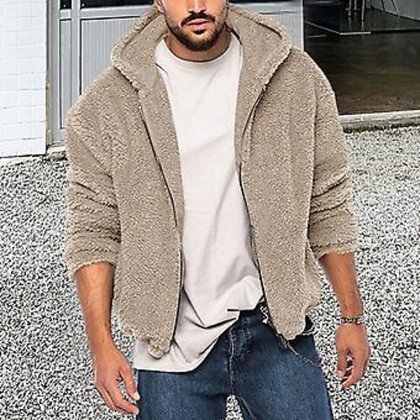 Miesten syksy-talvi takki Paksu kaksinkertainen fleece Yksivärinen Huppu Löysä vetoketjullinen Pehmeä pitkähihainen Taskut Kylmää kestävä Takki (2XL Musta)