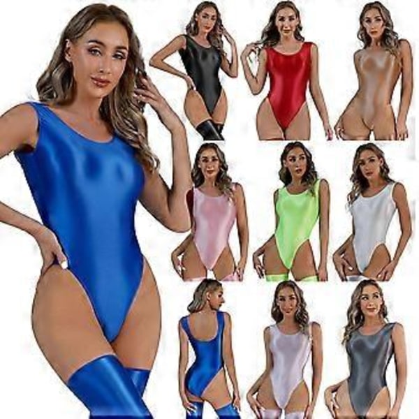Dam Glansig Rygglös Body Baddräkt Poolparty Högskuren Ärmlös Leotard för Sport Träning Yoga (M fluorescerande grön)