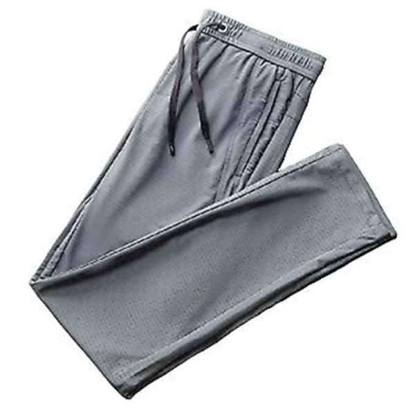Män Sportbyxor Solid Färg Andningsbar Djup Krok Lätt Dragkedja Träning Ankelbandad Fickor Mesh Män Sweatpants Manliga Kläder (L Grå)