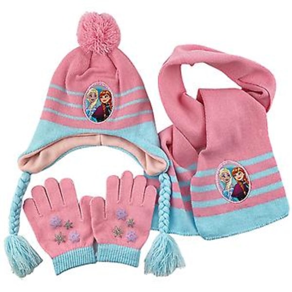 Barn Disney Frozen Elsa Anna Vinter Stickad Mössa Halsduk Och Vantar Set Flickor Barn Tillbehör (B)