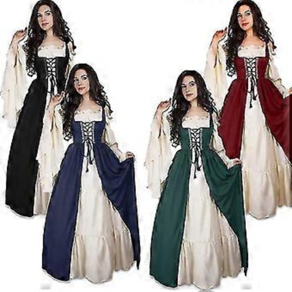 Europeiska och amerikanska vintage-rober, klänningar, renässansvästar, tunikor, kungliga medeltida klänningar, Halloween-karneval cosplay-kostymer Z (XL blå)