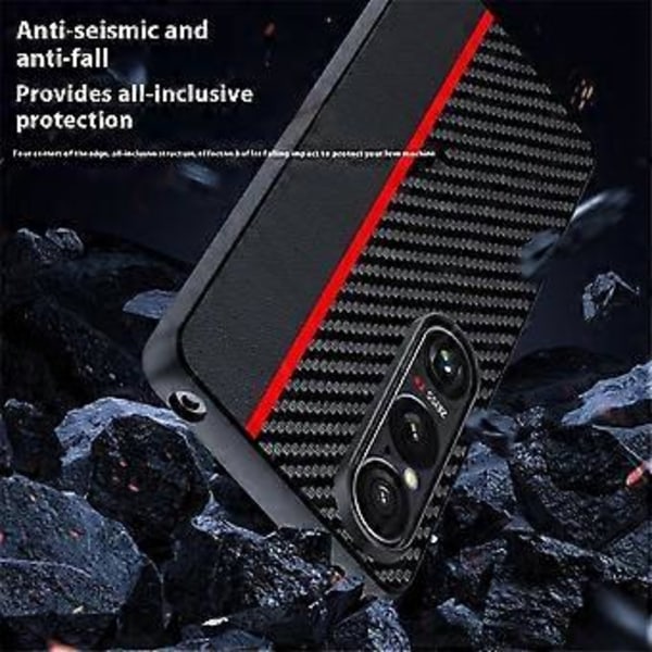 Til Sony Xperia 1 VII Etui Læder + PC Hårdt Telefon Cover Kulfiber Tekstur (Sort/Blå)