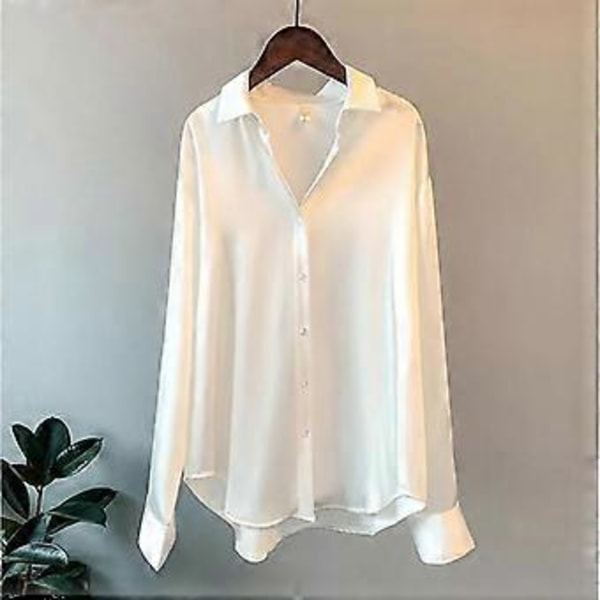 Satin Skjorte Dame Bluse Forår Efterår Toppe Kvinde Tøj Knap Langærmet Ensfarvet Løs Plus Size Skjorter (2XL grøn)