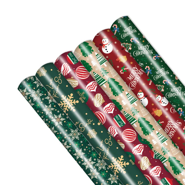 6 julklappspapper, dekorativt presentpapper med julgran- och snöflingemönster, bestruket papper