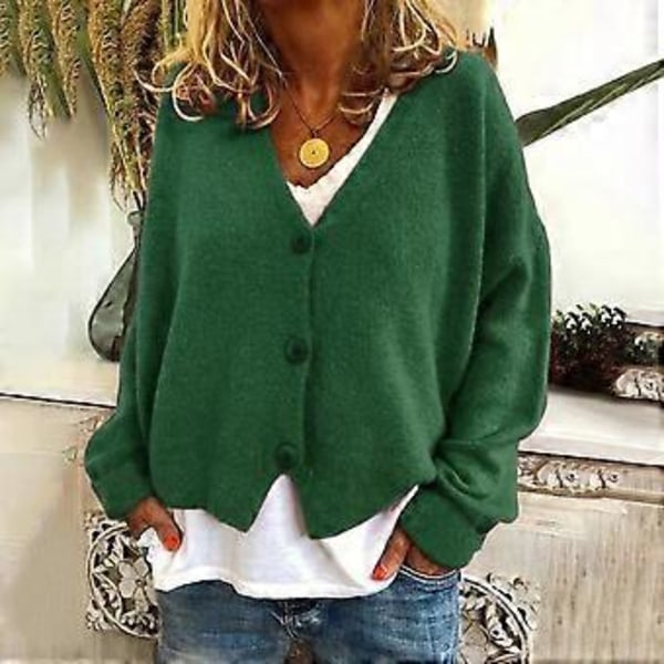 Dame Sweater Frakke V-Hals Langærmet Enkeltknappet Strik Sweater Ensfarvet Løs Pasform Sweater Cardigan (L grøn)