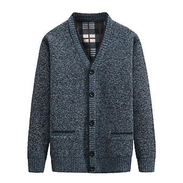 V-hals Lommegenserjakke Høst Vinter Fleecefôr Ensfarget Cardigan Genser Yttertøy (XL Blågrå)