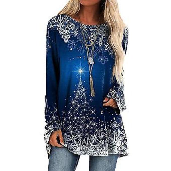 Dametøj Juleprint Tunika Topper Langærmet Casual Løstsiddende Rundhals T-shirt Julebluse Festgaver (3XL B)