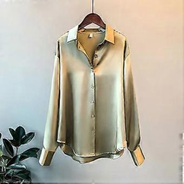 Satinskjorte Dame Bluse Forår Efterår Toppe Dame Tøj Knap Langærmet Ensfarvet Løs Plus Size Skjorter (3XL grøn)