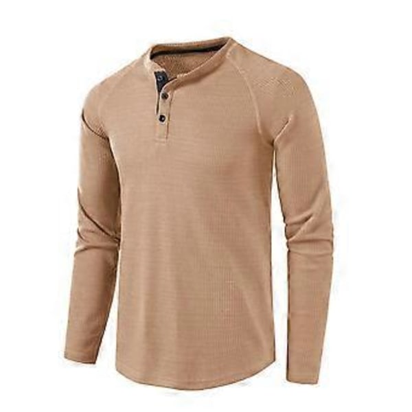 Våffelmönstrade Henley-tröjor för män, rund hals, långärmad T-shirt, enfärgad, ledig klädsel, bekväm tröja för höst och vinter (L aprikos)
