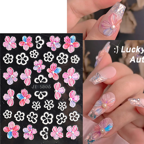 5D Präglade Blomsterblad Nagelkonst Dekaler 10 Ark 5 Stilar