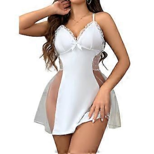 Damunderkläder för kvinnor Sexig spets Babydoll Sling V-ringad Rygglös Hål Ut Nattkläder Genomskinlig Mesh Nattkläder (XXL vit)