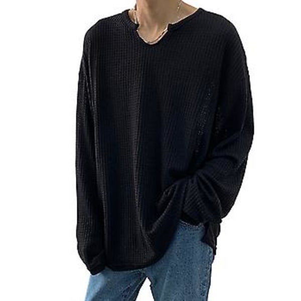 Miesten kevät-syksy O-kaula pitkähihainen pusero Yksivärinen löysä Waffle-tekstuuri T-paita Streetwear (2XL Musta)