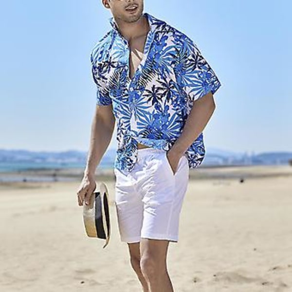 Kortärmad Tryckt Skjorta Herrar Snygg Casual Nedåtvänd Krage Knappuppslagen Strandskjorta För Semesterfest (2XL Blå Och Vit)