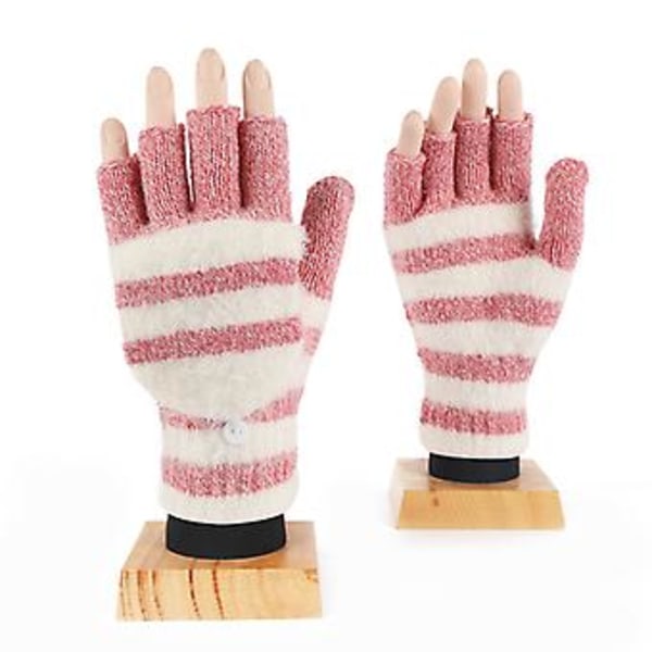 Plush Strikket Handsker Strækbare Handsker med Flip Top Stribede Fingerløse Handsker (Roserød)