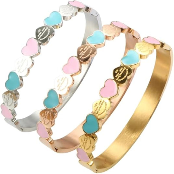 3 st söta kärleksfulla hjärtan guldpläterade rostfria stål lyckobringande manschettarmband för kvinnor