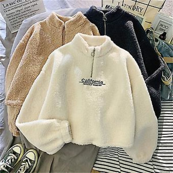 Autumn Winter Lmitation Cashmere Women's Fashion Loose Letter Short Sweatshirt(L Khaki)