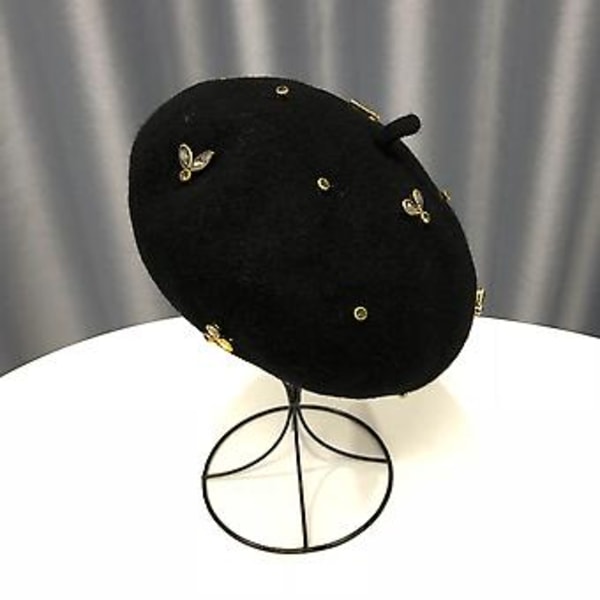 Visrover Vinter Ull Beret Med Krystall Bie Kvinne Ull Caps Vinter Høst Vår Hatt Solid Farge Topp Kvalitet Kvinner Boina (lys rosa)