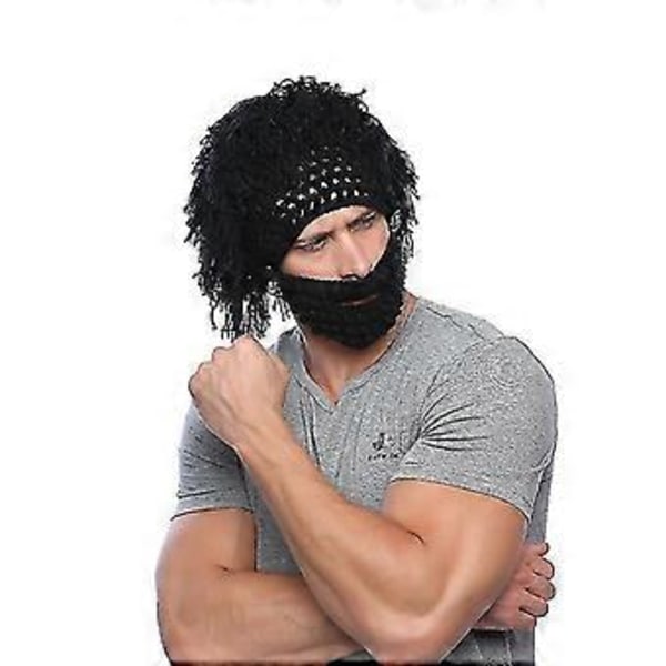 Strikket Skæg Paryk Hue Ski Maske Håndlavet Kreativ Skæg Paryk Varm Hue Til Vinter (Sort)