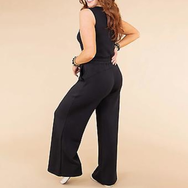 Ærmeløs Jumpsuit i Ensfarvet Design Vaskbar Høj Elastisk Stoffet Tøj til Daglig Arbejde Fest (3XL Sort Palm)