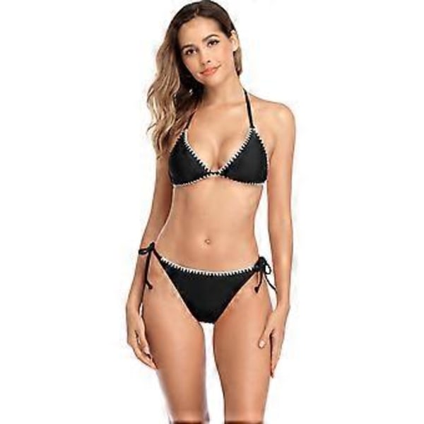(NYT MØNSTER) Dame String Bikini Sæt Halterneck Sidebind To Delt Badedragt Trekant Badebeklædning, sort (style10963)