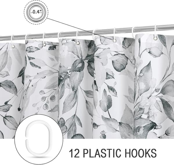 Grå Eucalyptus Duschdraperi, Akvarell Växtblad med Blommig Badrum Duschdraperi Set med Krokar, Grå Vit,
