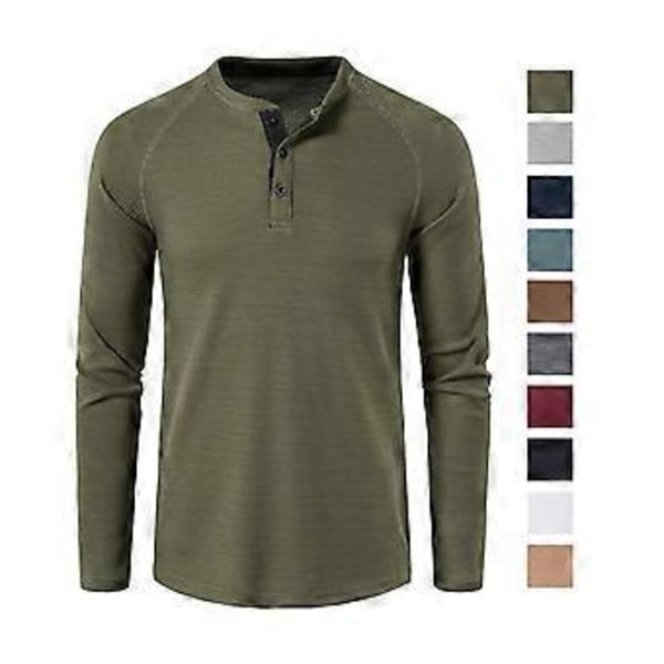 Våffelmönstrade Henley-tröjor för män, rund hals, långärmad T-shirt, enfärgad, ledig klädsel, bekväm tröja för höst och vinter (L aprikos)