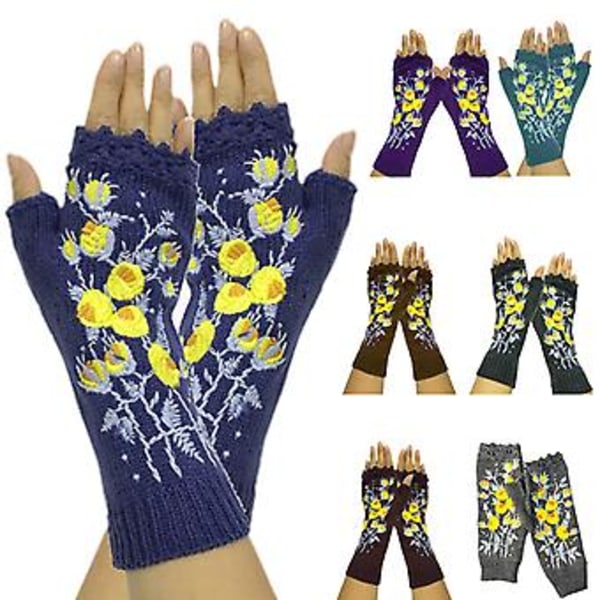 Dam Fingerlösa Vantar i Stickad Längd med Tumhål - Söt Liten Gul Blommig Broderi, Stickad, Armvärmare (3)