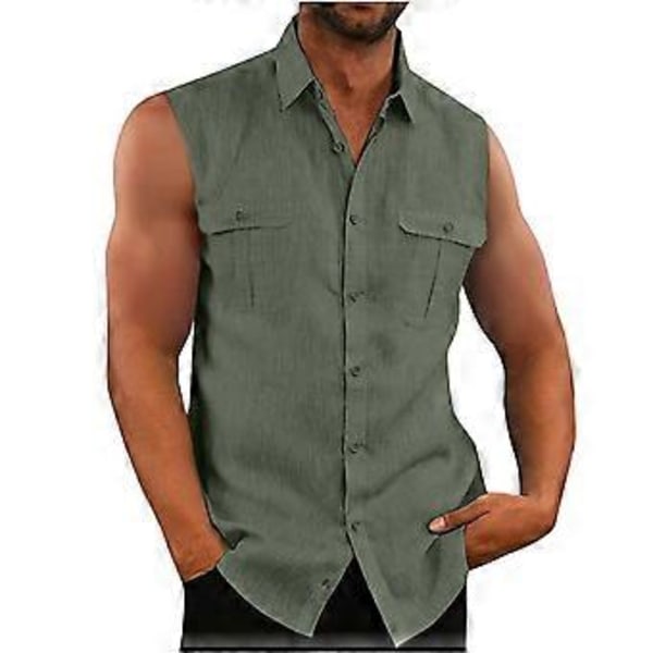 Herre Skjorte Dobbelt Lomme Bomuld Linned Ærmeløs Skjorte Komfortabel og Åndbar Herre Tank Top (XL blå)