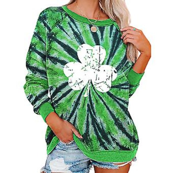 St. Patricks Dag Print Kvinders Langærmet Rundhals Sweatshirt Tie Dye T-shirt Tee Blouse Toppe (L)