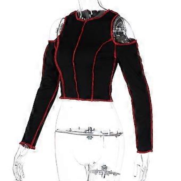 Lady Patchwork Stitch Åben Skulder Cropped Toppe O-hals Sød Skinny Tee Efterår, Sort S(M)