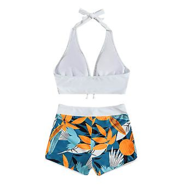 Kvinnors Padded Bikini Set med Lövtryck, Halterneck-BH, Slips-Topp, Hög Midja, Pojk-Shorts, Baddräkt, Sommarstrandkläder (2XL Vit)
