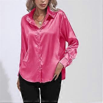 Forår Efterår Satin Bluse Imitation Silke Langærmet Skjorte til Dame Plus Size Løse Toppe (XL rose)