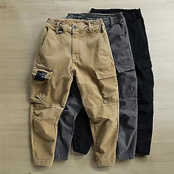 Män Byxor med Elastisk Midja, Knappar och Ankel Längd, Flera Fickor, Mid-Rise Cargo Byxor för Bergsklättring (XL Grå)