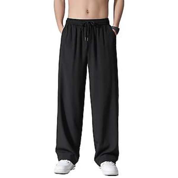 Bukser til mænd med elastisk snøreliv, lommer, draperet design, sommer, ensfarvet, lige, brede ben, tynde bukser (XL Sort)