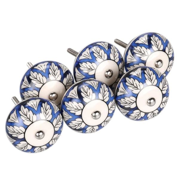 6 stk Vintage Shabby Knobs Blå og Hvit Blomster Håndmalt C