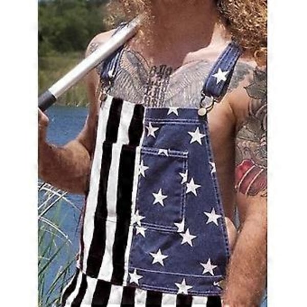 Amerikansk Flag Overalls Denim Bib Shorts Justerbare Remme Jeans Shorts Rompers med Lomme (L Sort)