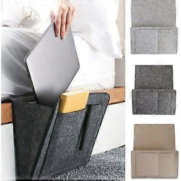 Huopainen säilytyskassi taskuilla sängyn, sohvan, työpöydän viereen, riippuva järjestäjä puhelimelle, lehdille, tableteille, kaukosäätimille, beige