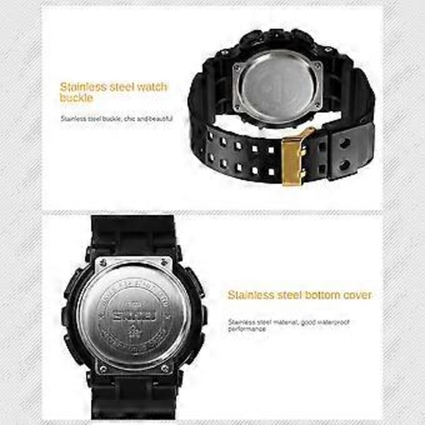 Mode Militär Herr Sport Digital Kvarts Analog Vattentät Armbandsur (Stor Svart Guld)