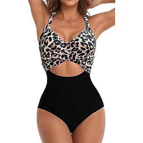 Dametøj Monokini Badetøj Farveblok Twist Udsnit Strækbar Enkeltdel Badetøj Bind Ryg Kryds Kors Rynket Badetøj (XL Sort * Leopard)